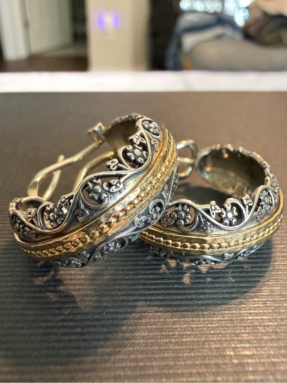 Vintage 925 Sterling Silver Israel Filigree Hoop Earrings Two-Tone Gold Accent H